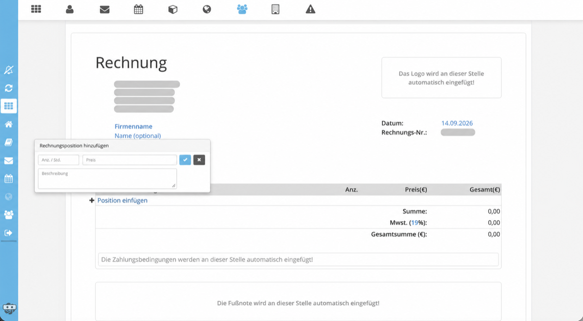 Eine Rechnungsposition hinzufügen – anonymisierte Softwareansicht