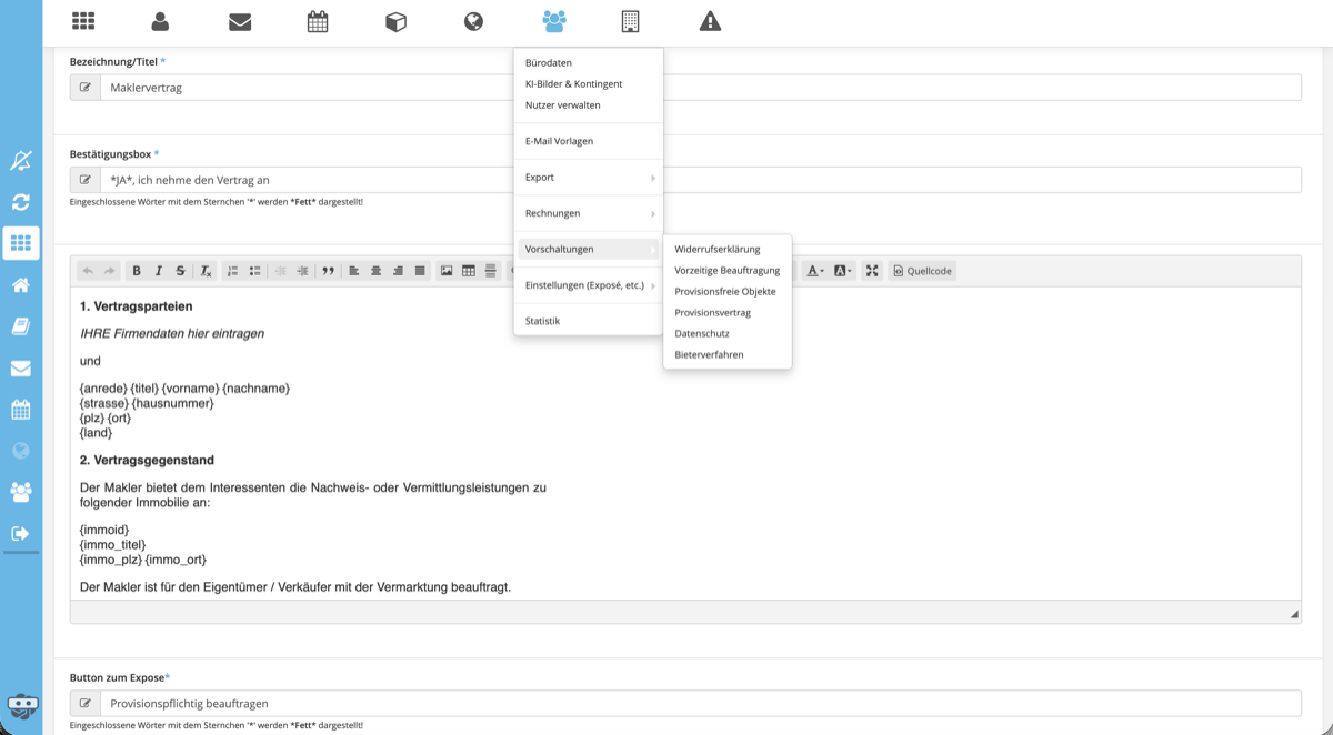 Vorschaltung für den Provisionsvertrag konfigurieren – anonymisierte Softwareansicht