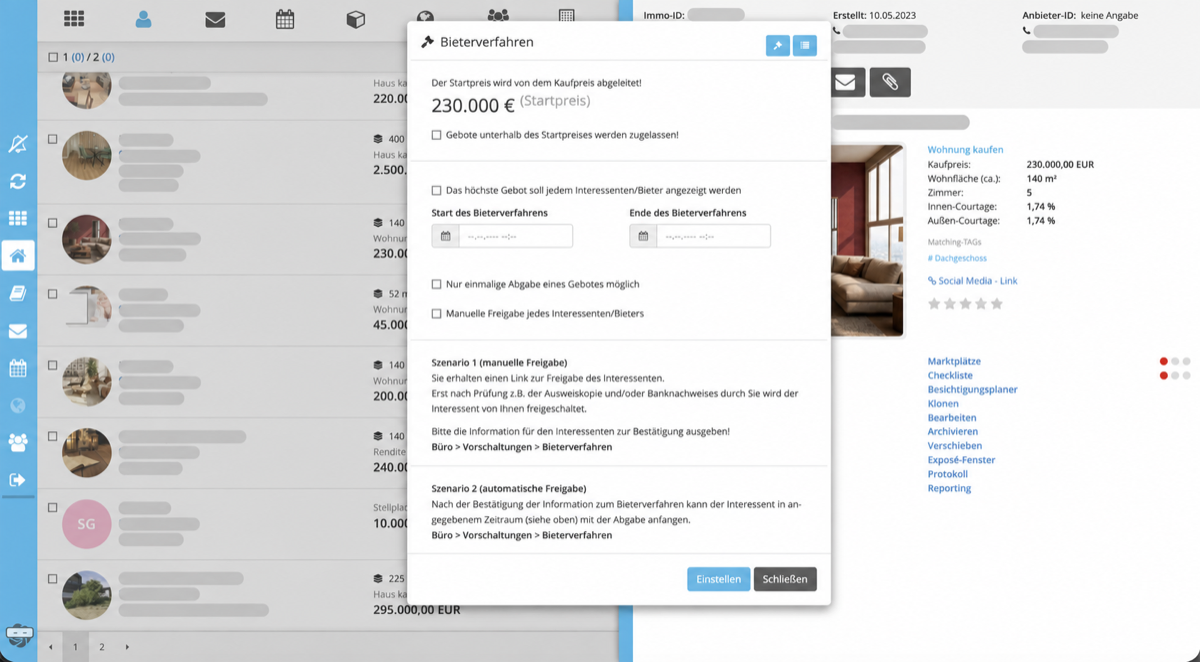 Zeitraum und Optionen des Bieterverfahrens einstellen – anonymisierte Softwareansicht