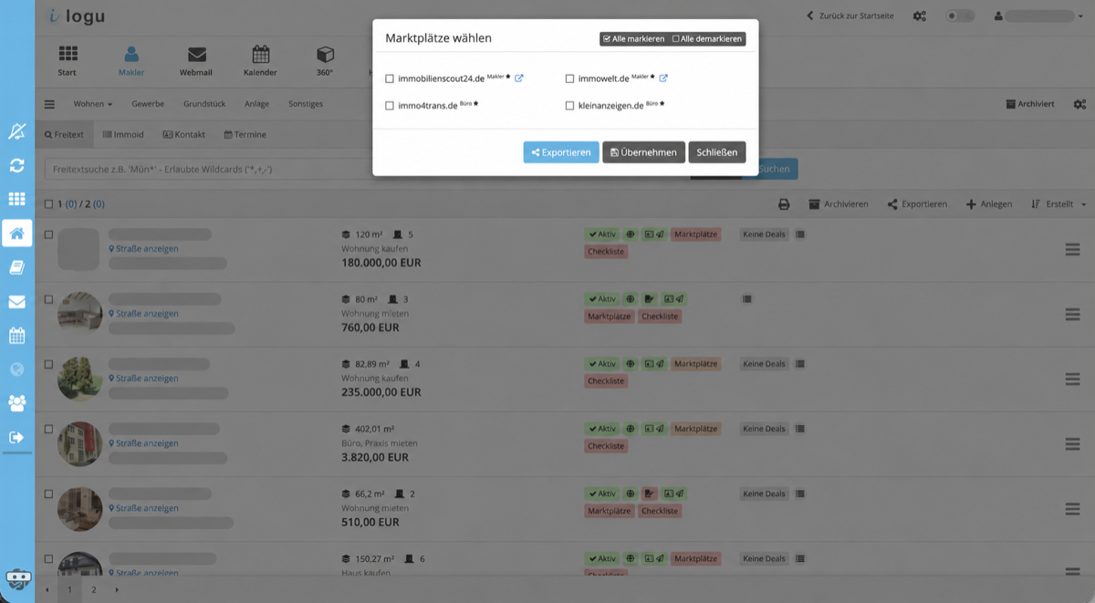 Marktplätze für die Veröffentlichung einer Immobilie auswählen – anonymisierte Softwareansicht