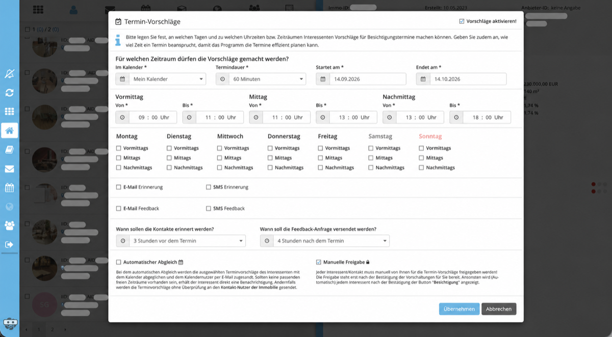Terminvorschläge für Besichtigungen vorbereiten – anonymisierte Softwareansicht