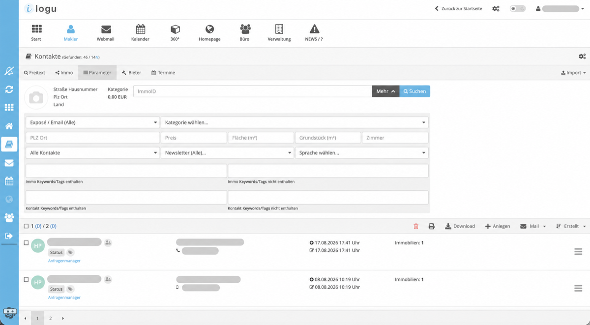 Interessenten anhand von Immobilienkriterien filtern – anonymisierte Softwareansicht