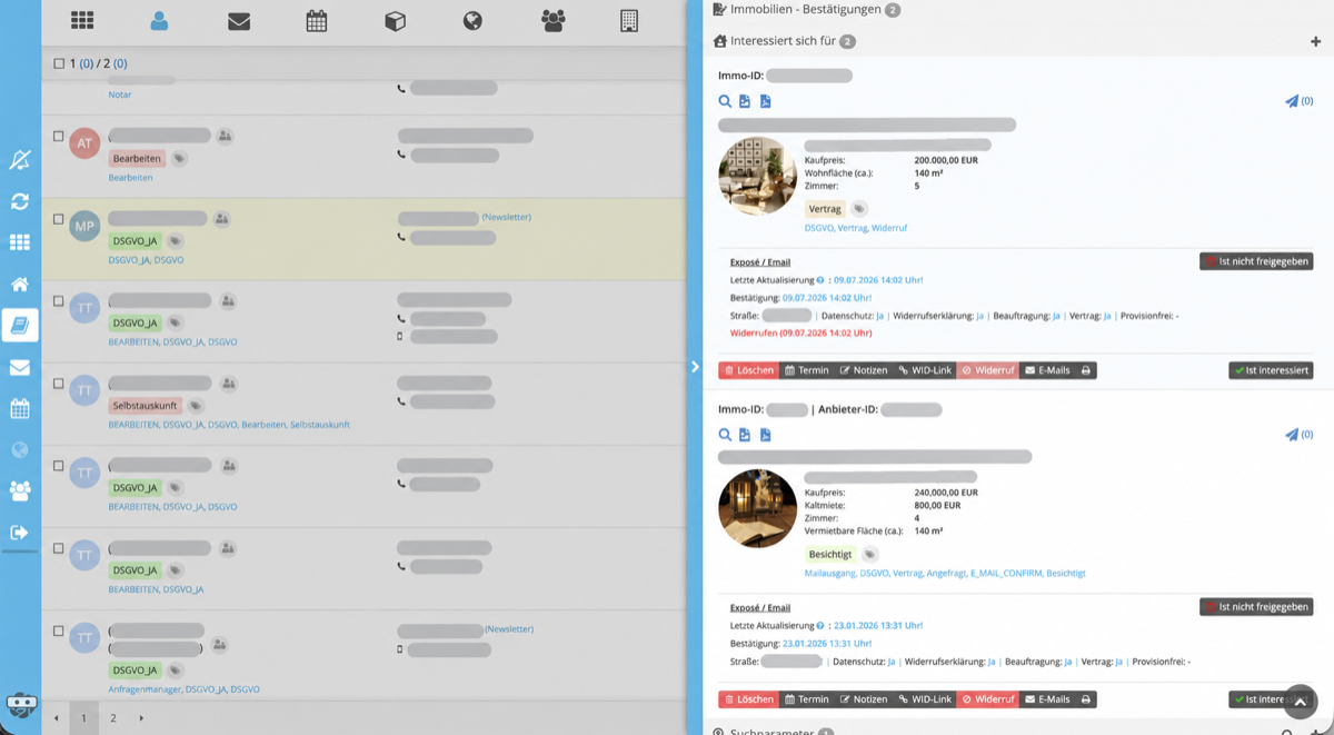 Interesse und Bestätigungen zum angefragten Objekt einsehen – anonymisierte Softwareansicht