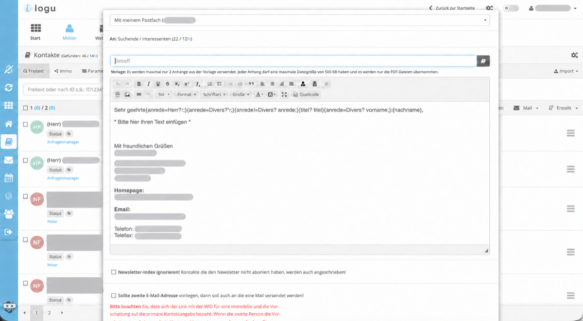 Eine Serienmail für ausgewählte Kontakte verfassen – anonymisierte Softwareansicht