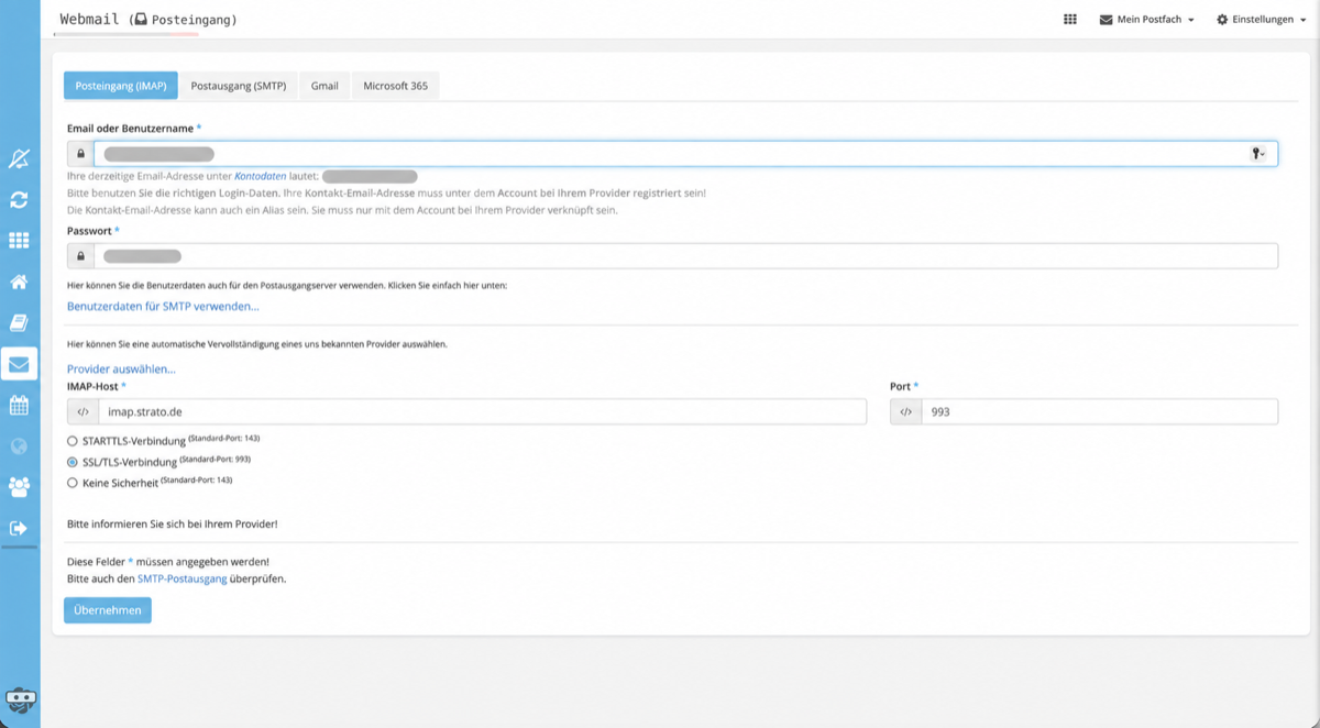 IMAP-Postfach in ilogu einrichten – anonymisierte Softwareansicht