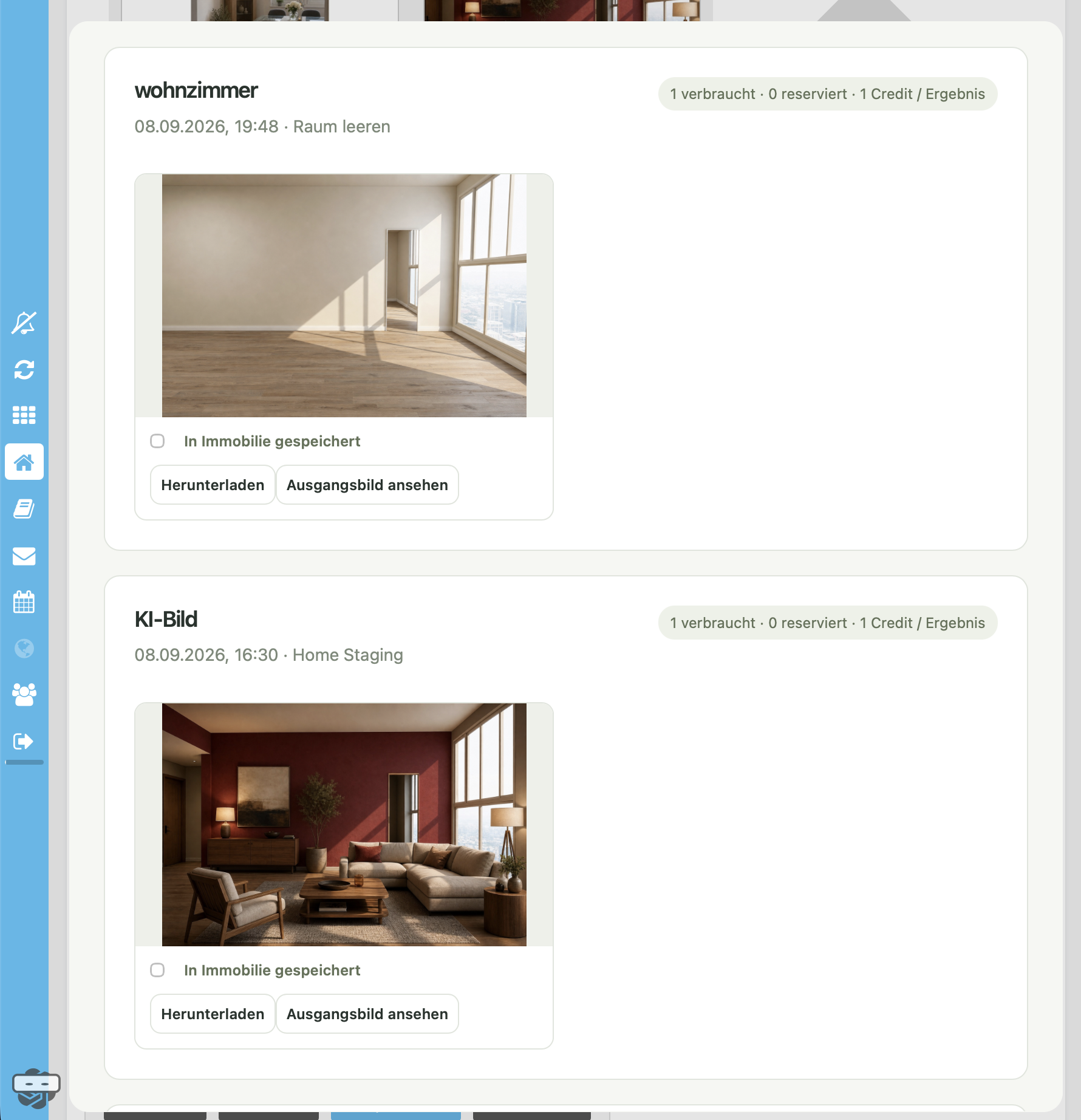 Aufträge und Ergebnisse im ilogu KI-Bildstudio mit leerem Raum und virtuellem Home Staging