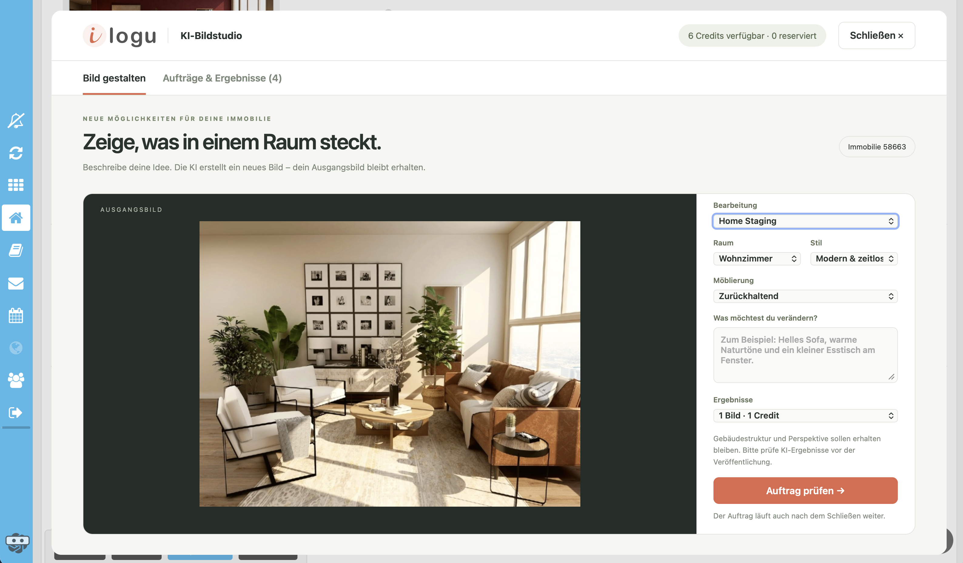 Oberfläche des ilogu KI-Bildstudios mit virtuellem Home Staging für ein Wohnzimmer